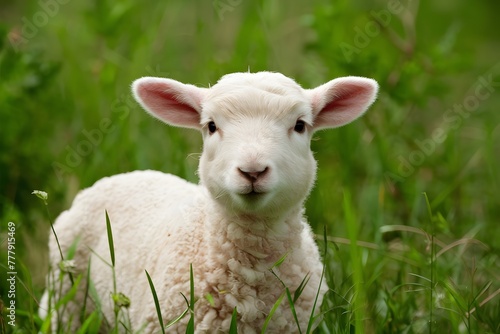 Cute lamb gazes innocently in green meadow, charming viewers