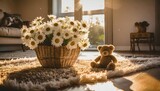 a basket of daisies and a teddy bear on a rug in a room with sunlight streaming through the window
