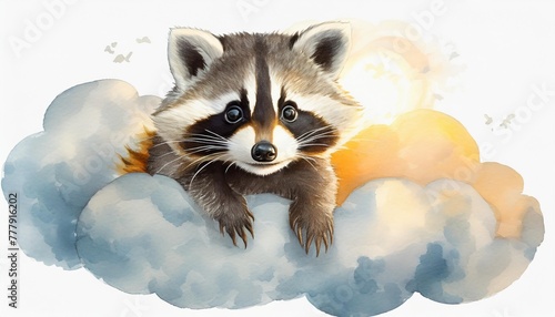 cute baby raccoon character cute girl raccoon on cloud watercolour illustration isolated on white background photo