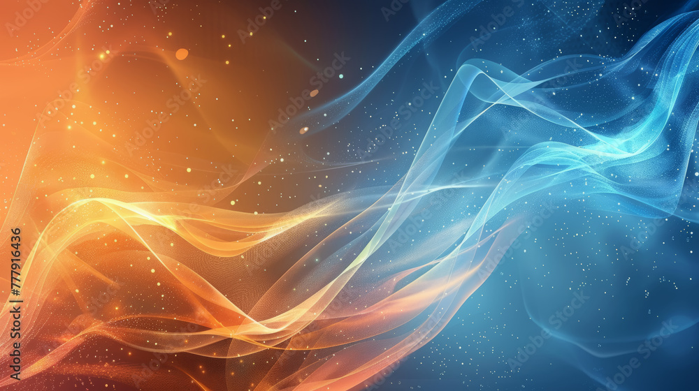 Obraz premium Abstract digital art of flowing blue and orange lines with luminous particles against a dark background,ai generated