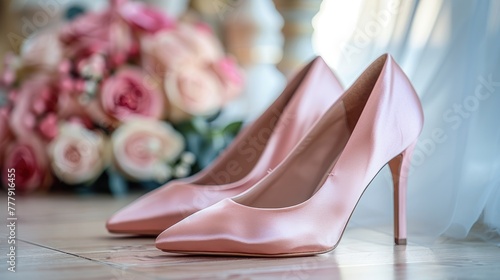 Pink satin high heel wedding shoes set on the floor, bridal dress, shoes, delicate beautiful background.