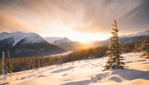 winter landscape in canadian mountain landscape colorful sunset photo