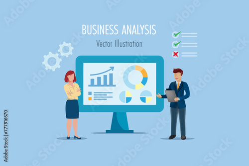 Business analysis and research. Business team discuss growth graph chart on computer for success profit and achievement. Vector flat design.