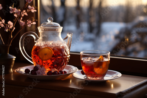 Mulled wine on the cafe table against the background of a window with a snow-covered landscape photo