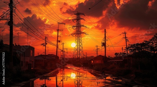 Silhouette of high voltage tower on sunset background.