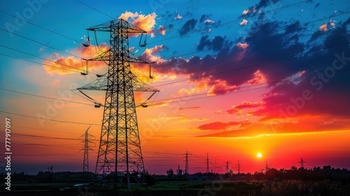 Silhouette of high voltage tower on sunset background.