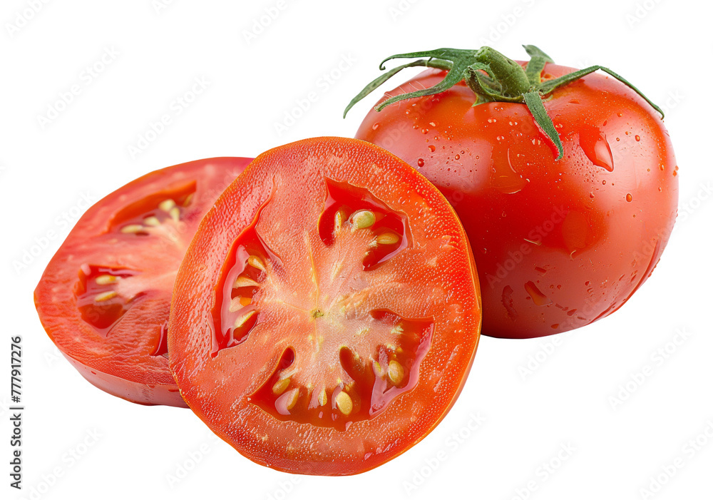 A tomato is cut in half and has a small drop of water on it, cut out - stock png.