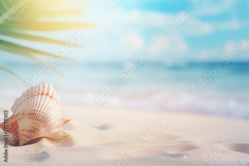 A lone seashell sits peacefully on a sandy beach, capturing the essence of summer. AI Generative.