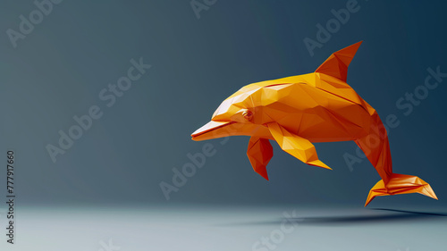 A vibrant origami dolphin leaps imaginatively, crafted from a single sheet of paper. AI Generative. photo