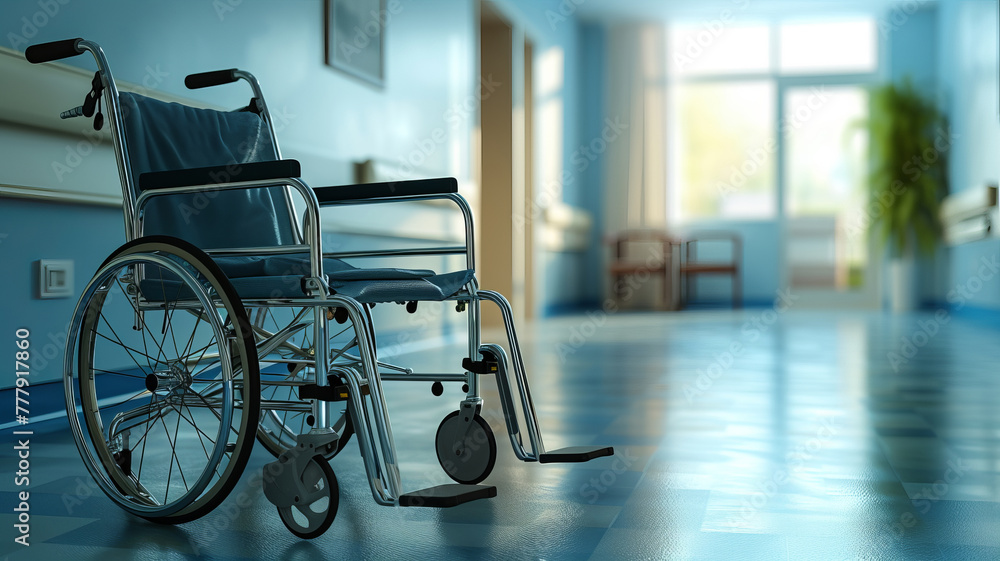 A solitary wheelchair stands in a serene hospital room AI Generative. A solitary wheelchair stands in a serene hospital room AI Generative.
