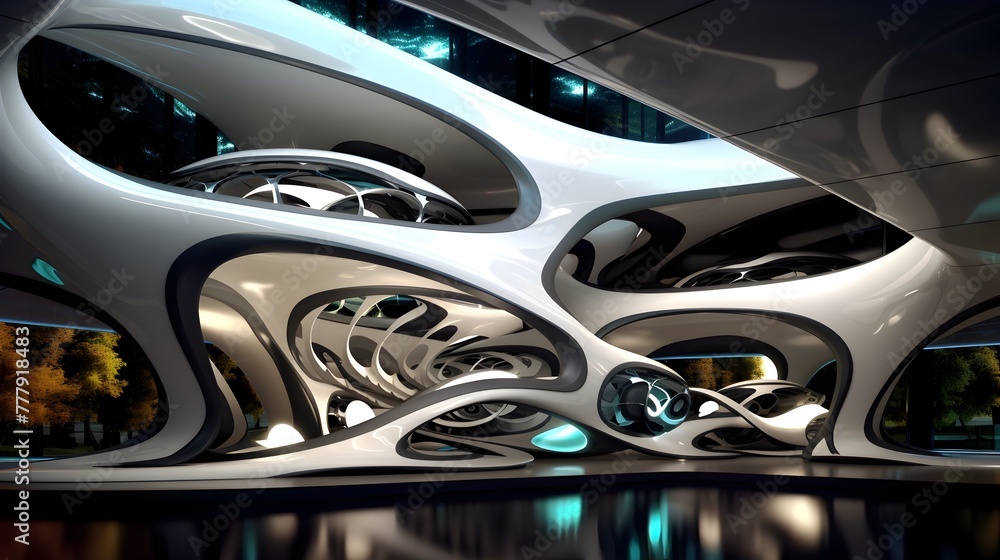 Futuristic and Fantastical Architectural Interior with Organic Geometric Structures and Innovative Design