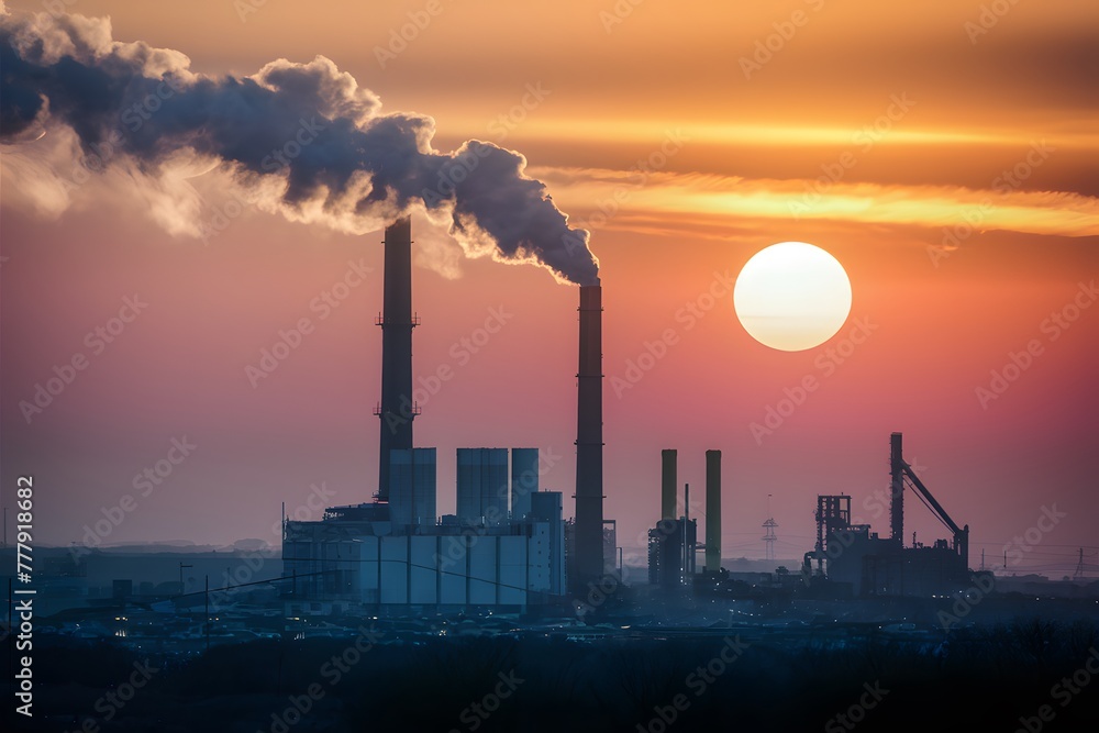 Emission from factory chimney at sunset, industrial impact