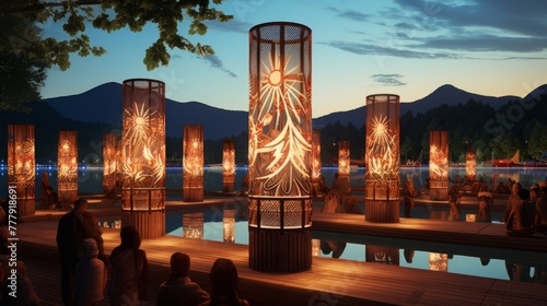 The traditional olympic lantern event and a light show during dusk joyful celebration of nature