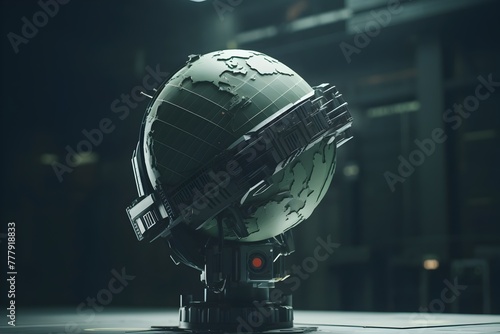 Futuristic D Globe Representing Renewable Energy and Power in a Dark Sci Fi Robotic Matrix like Atmosphere