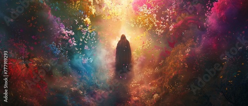 A mystical figure surrounded by a rainbow of blossoms. photo