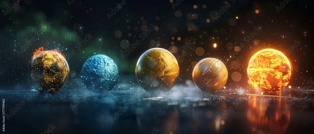 Planetary alignment in space illustration with diverse textures and atmospheric glow.