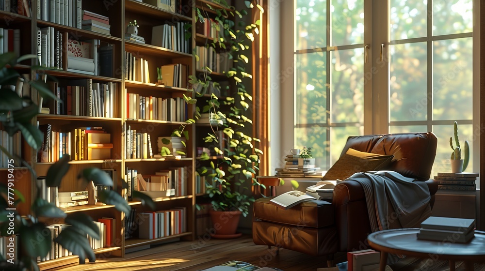 Escape into the tranquility of a cozy summer evening, where the ambiance is set by the soft lighting, the comforting presence of books, and the aroma of freshly brewed coffee Escape into the tranquility of a cozy summer evening, where the ambiance is set by the soft lighting, the comforting presence of books, and the aroma of freshly brewed coffee