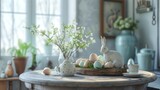 Step into an Easter dining room filled with warmth and joy, where a round table showcases a delectable cake, an enchanting hare sculpture, a rustic wooden tray, a vase brimming with fresh leaves, 