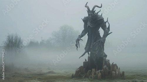 An eerie demon statue enshrouded in mist in a field