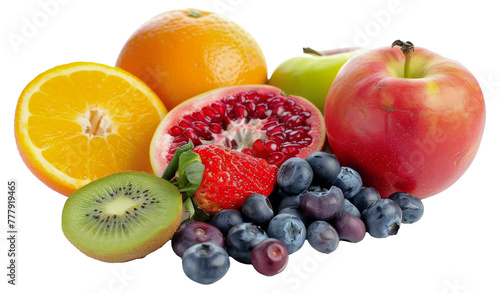 A colorful assortment of fruit including apples  oranges  strawberries  cut out - stock png.