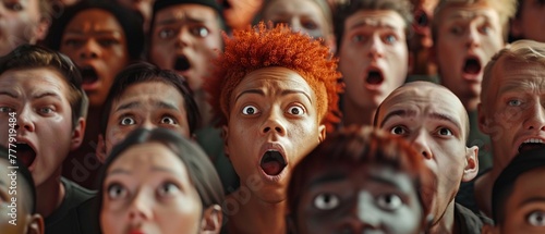 Diverse group of faces with mouths agape in awe , super realistic render