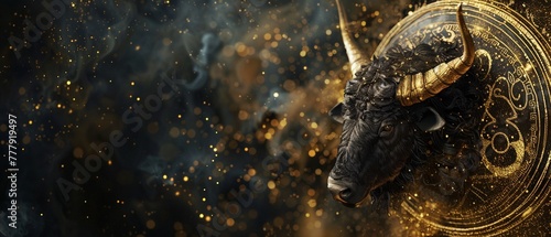 Zodiac themed artistic illustration of taurus bull with golden accents and cosmic background.