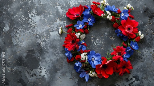 Wreath of red white and blue flowers against granite stone