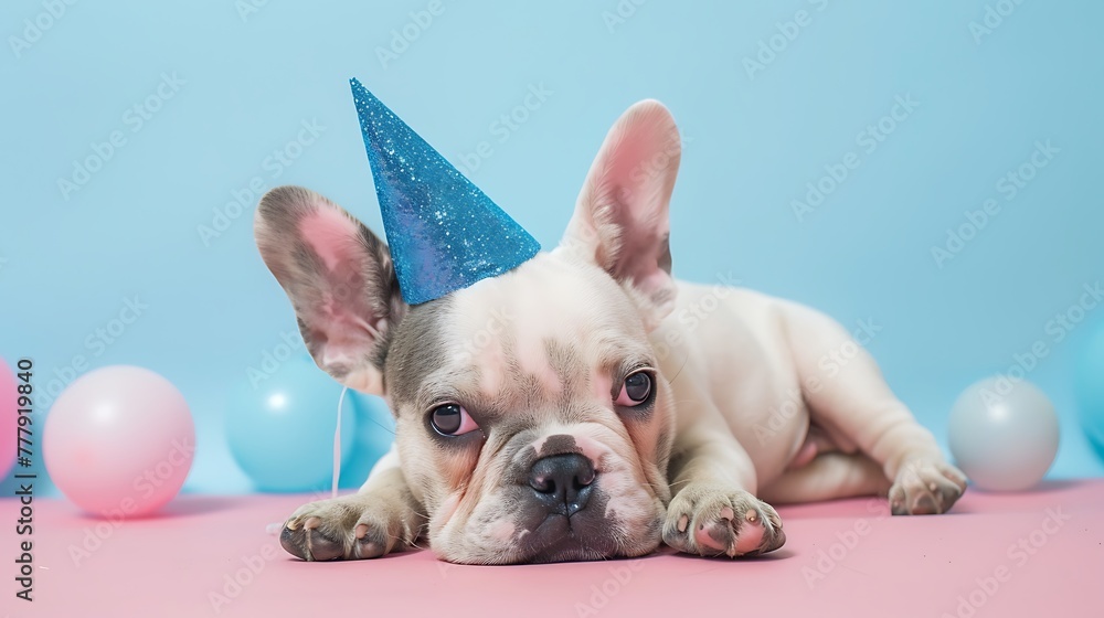 Fototapeta premium Adorable French Bulldog puppy laying down side ways wearing blue glitter party hat on pink and blue background