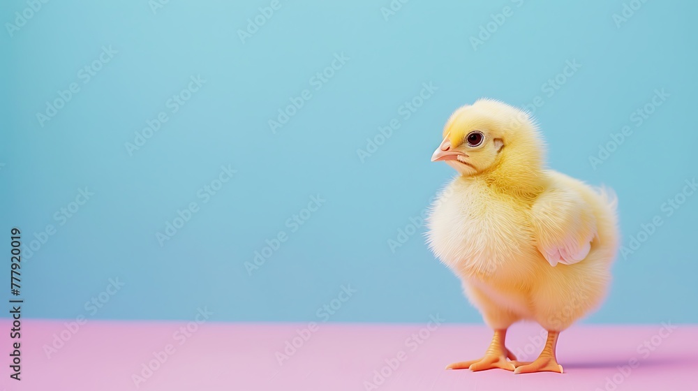 Baby Yellow Chicken on pink and blue background