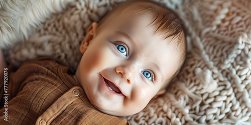 cute baby smiling with blue eyes, wearing brown, generative AI © VALUEINVESTOR