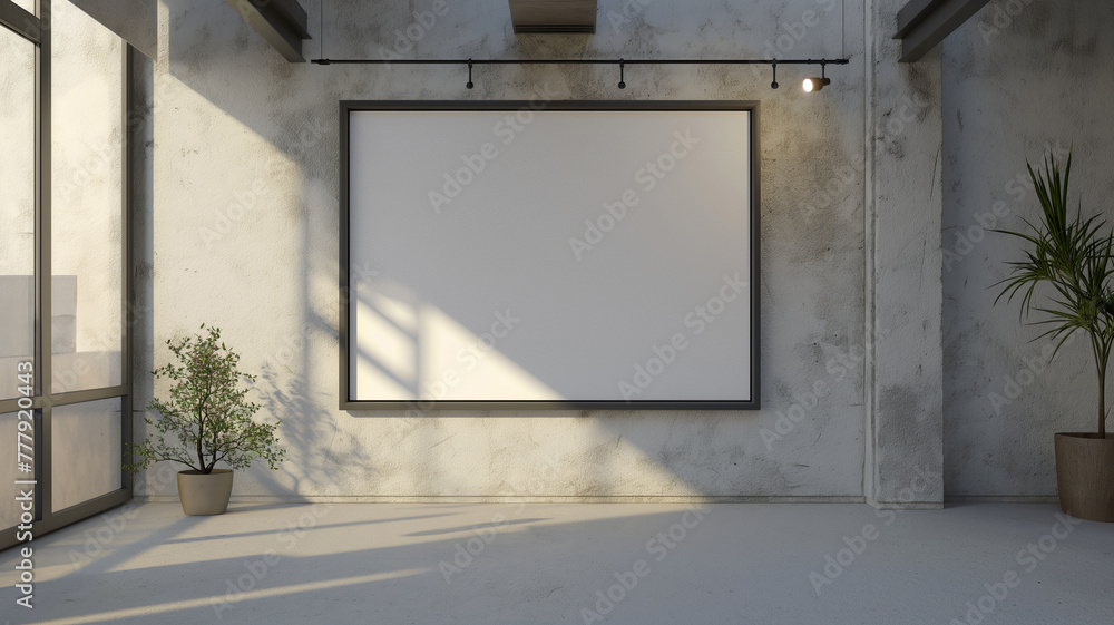 Fototapeta premium A room capturing the essence of industrial chic with a spotlight on the textured wall, casting dynamic shadows beside potted greenery.