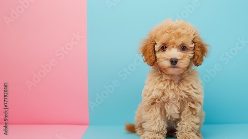 Cute and sweet poodle puppy dog thinking and tilting head side on pink and blue background