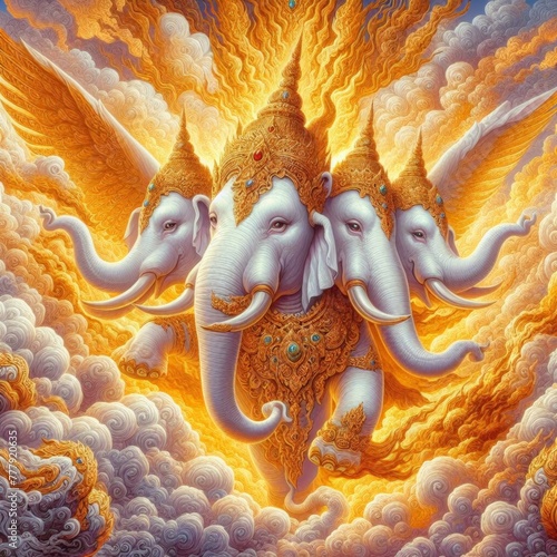 White elephant with Thai pattern 3 heads surreal picture exaggerated oil painting gold jewelry photo