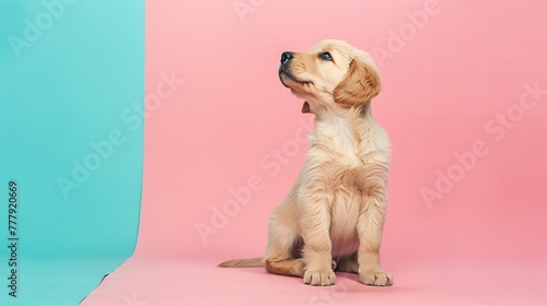 Cute golden retriever puppy seen from the side glancing away sitting on pink and blue background