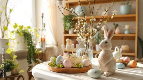 A warm and cozy Easter dining room interior featuring a round table adorned with a beautifully decorated cake, a charming hare sculpture, a wooden tray, a vase filled with fresh leaves