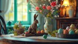 Step into an Easter dining room filled with warmth and joy, where a round table showcases a delectable cake, an enchanting hare sculpture, vibrant Easter eggs,  a vase brimming with fresh leaves,