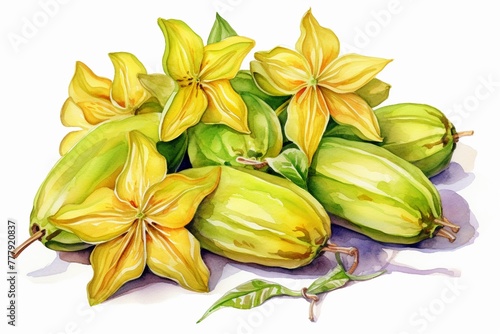 A bunch of ripe Star Fruit (Carambola) s, watercolor illustration clipart, 1500s, isolated on white background watercolor tone, pastel, 3D Animator