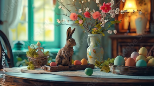 Step into an Easter dining room filled with warmth and joy, where a round table showcases a delectable cake, an enchanting hare sculpture, vibrant Easter eggs, a vase brimming with fresh leaves,