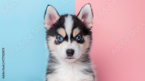 Cute pomsky puppy with blue eyes on pink and blue background