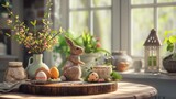 Step into an Easter dining room filled with warmth and joy, where a round table showcases a delectable cake, an enchanting hare sculpture, a rustic wooden tray, a vase brimming with fresh leaves,