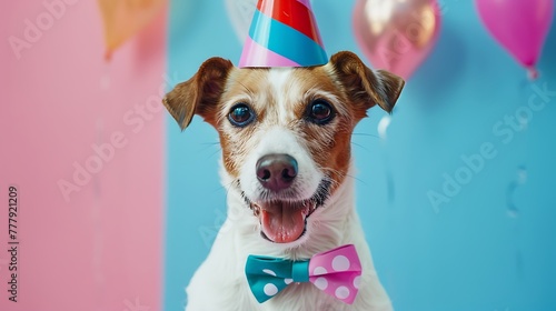 Funny dog wearing a clown hat and bowtie celebrating at a birthday party on pink and blue background © Robert