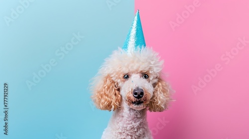Funny poodle dog celebrating carnival or birthday wearing a unirn horn diadem on pink and blue background