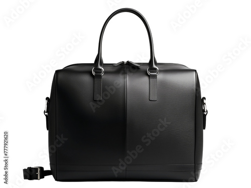 A black leather duffel bag with handles and a shoulder strap on a black background. 