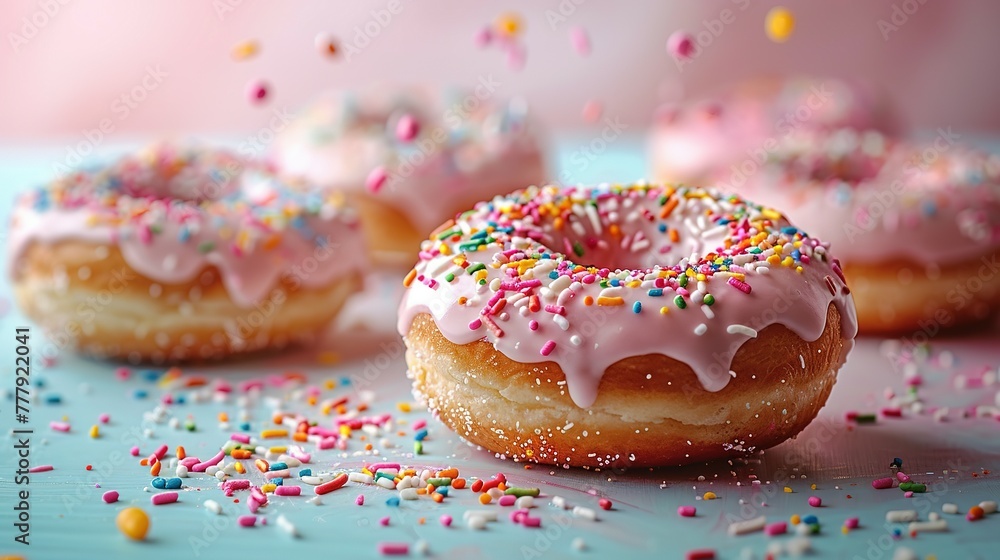Donuts with colorful sprinkles floating in the air Donuts with colorful sprinkles floating in the air