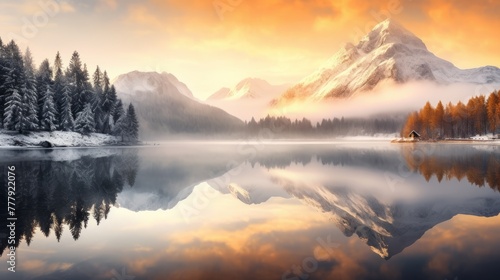 Panorama of winter dawn on a mountain lake with a snowy forest and a mirror reflection in the water © MOUISITON