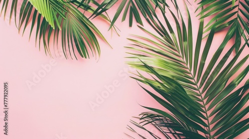 Tropical palm leaves on pink background. Minimal summer concept , premium abstract light pink wall summer background with leaves shadow, Palm tree leaves on pink background. Copy space for text. 