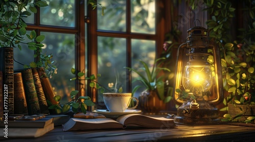 Immerse yourself in the serenity of a cozy summer evening, where the ambiance is set by the soft glow of lamplight, the inviting comfort of books, and the rich aroma of freshly brewed coffee