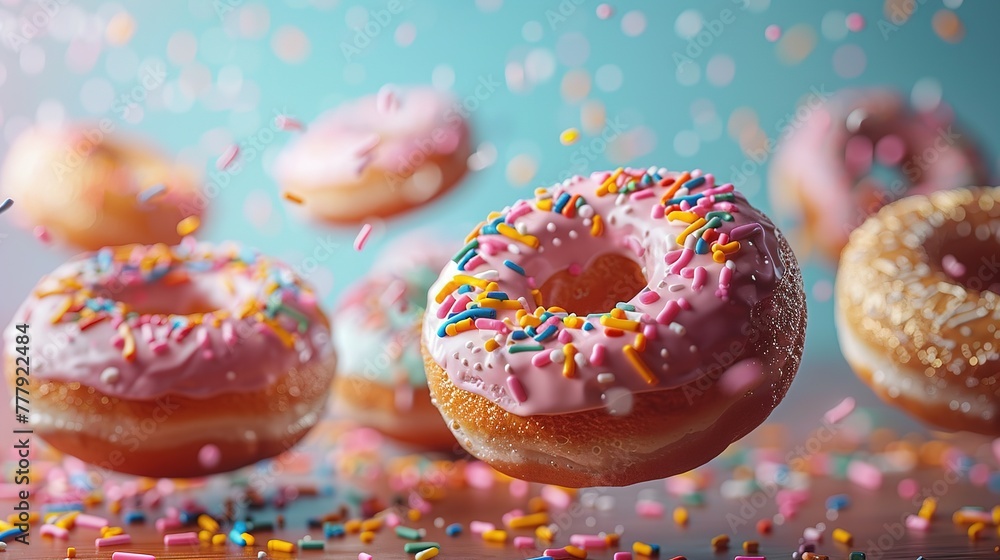 Donuts with colorful sprinkles floating in the air Donuts with colorful sprinkles floating in the air
