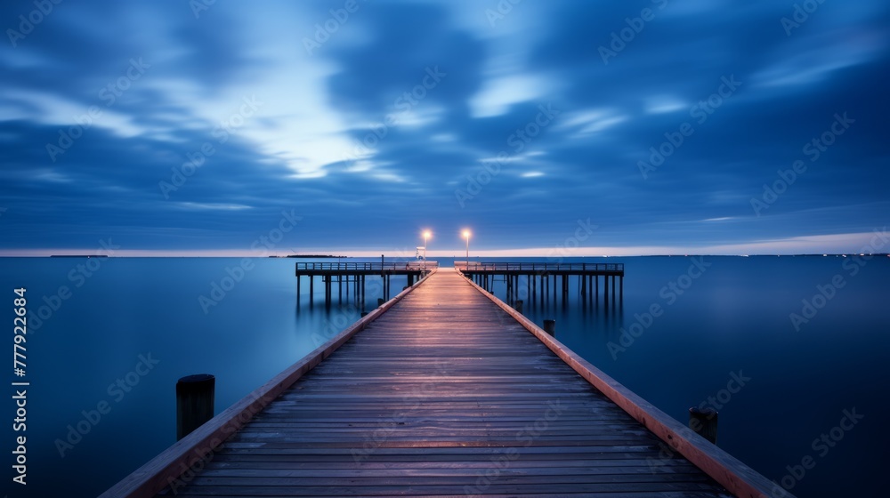 Dock and pier at sea in twilight long exposure