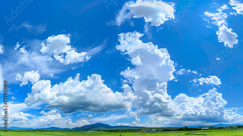 beautiful cloudy  sotted blue sky on a summer morning in the mountain, beautiful cloudy sky at sunrise, white bright clouds on a blue sky, fluffy summer clouds ,natural background
 photo
